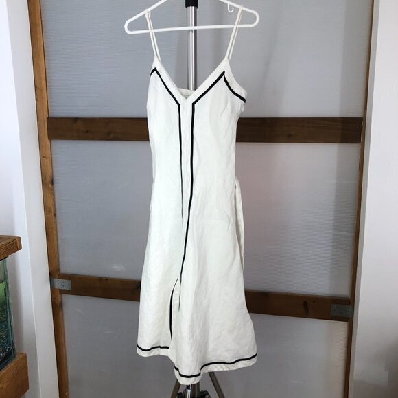 Zara 100% Linen White with‎ Black Trim Fit Flare Dress Sz L - Picture 2 of 14